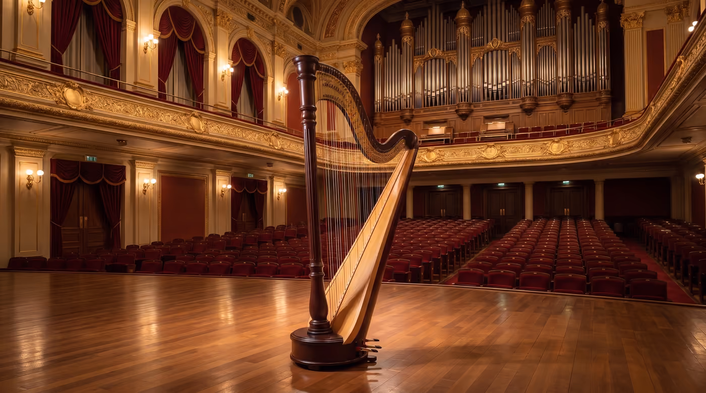 Lyon & Healy Konzertharfe (Chicago CG Extended) auf einer Konzertbühne vor der Orgel